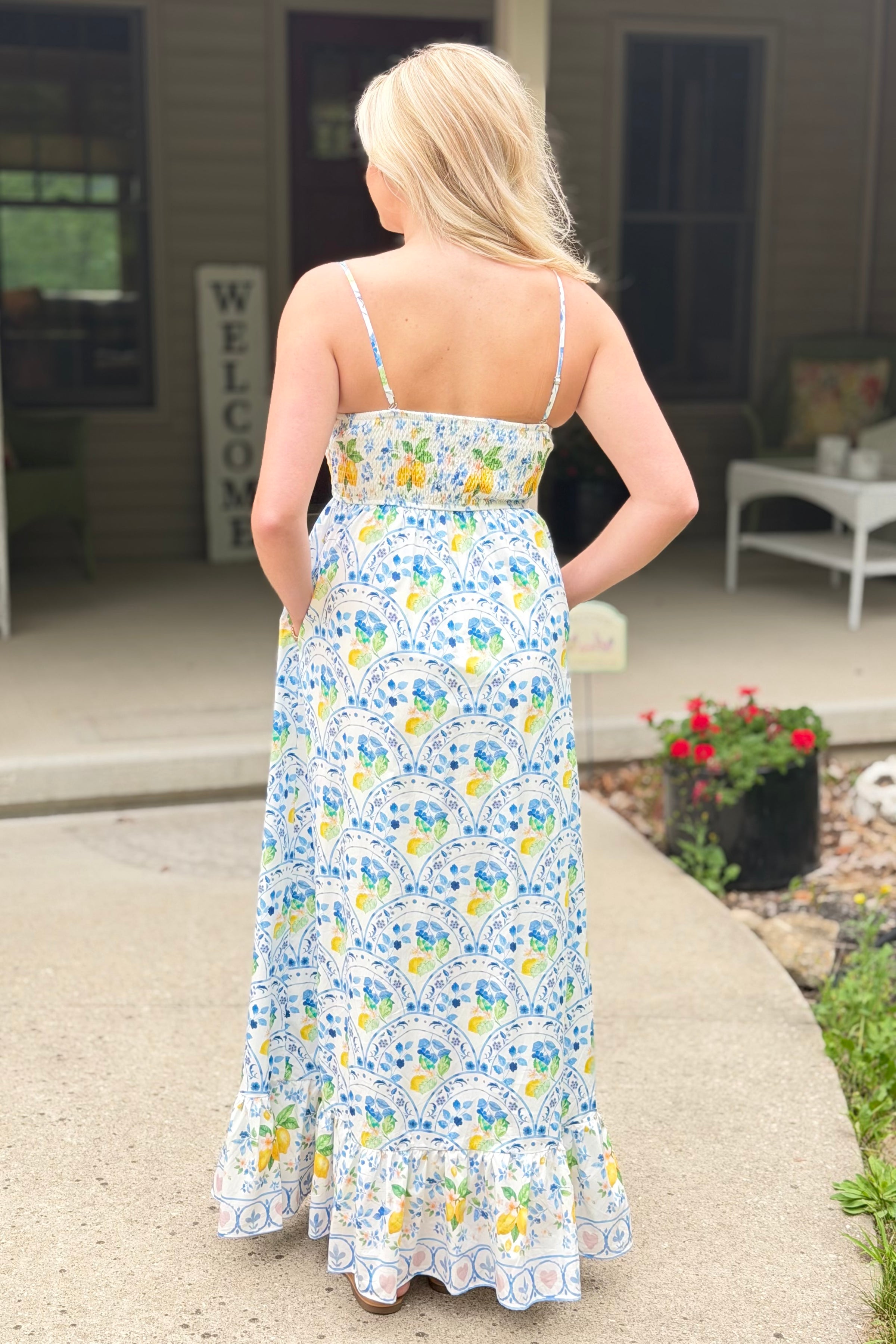 Border Print Maxi Dress - Lemon Blue