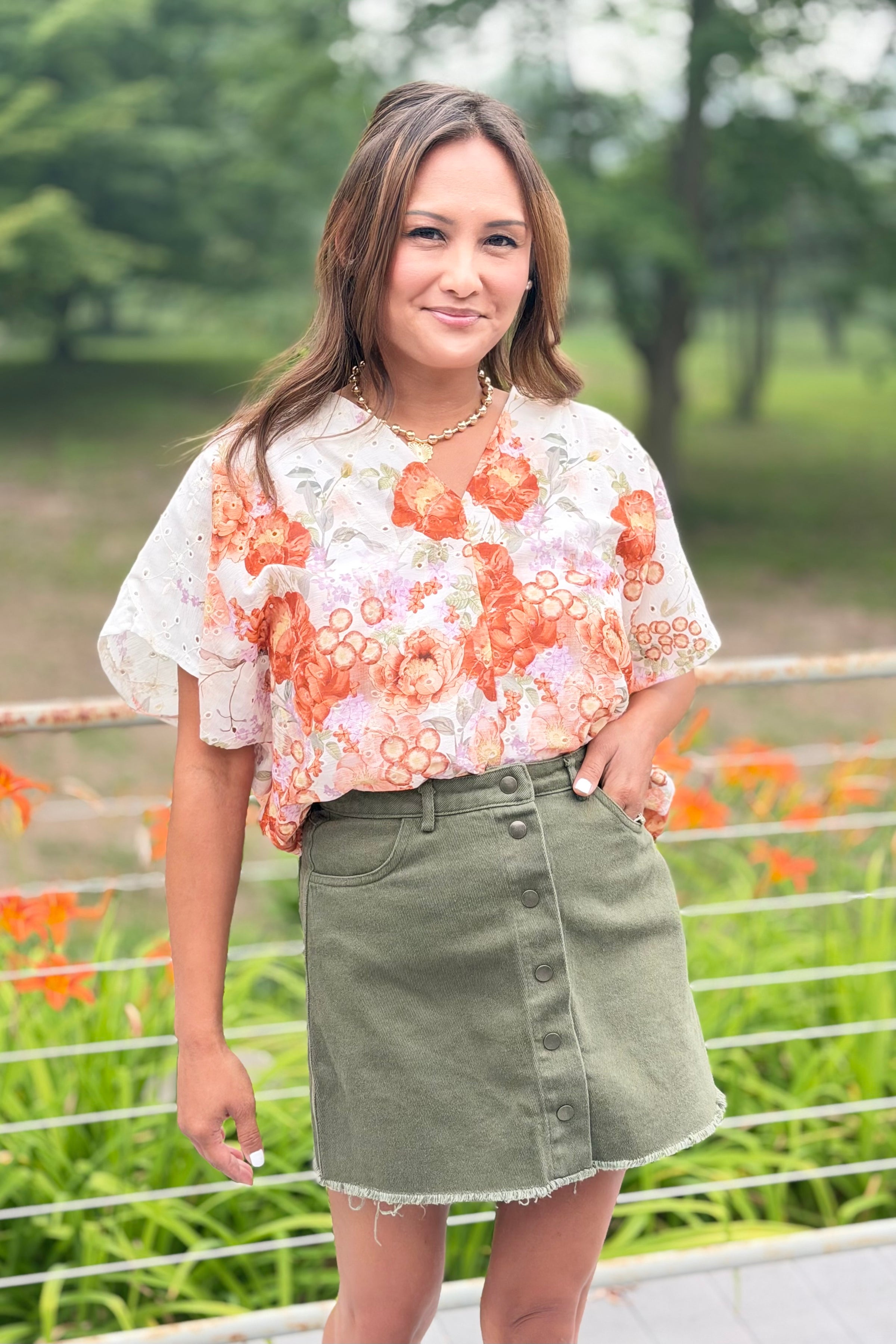 Button Down Twill Skirt - Olive