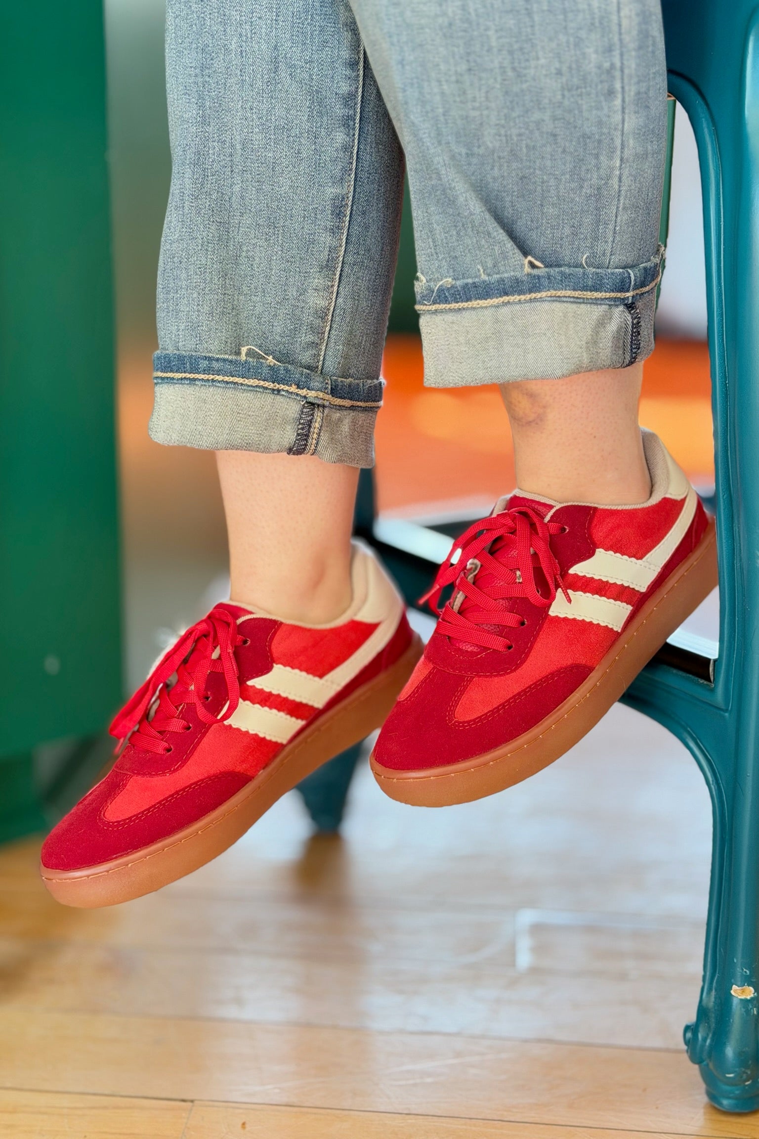 Suede Sneakers Retro Sole With Charm - Red