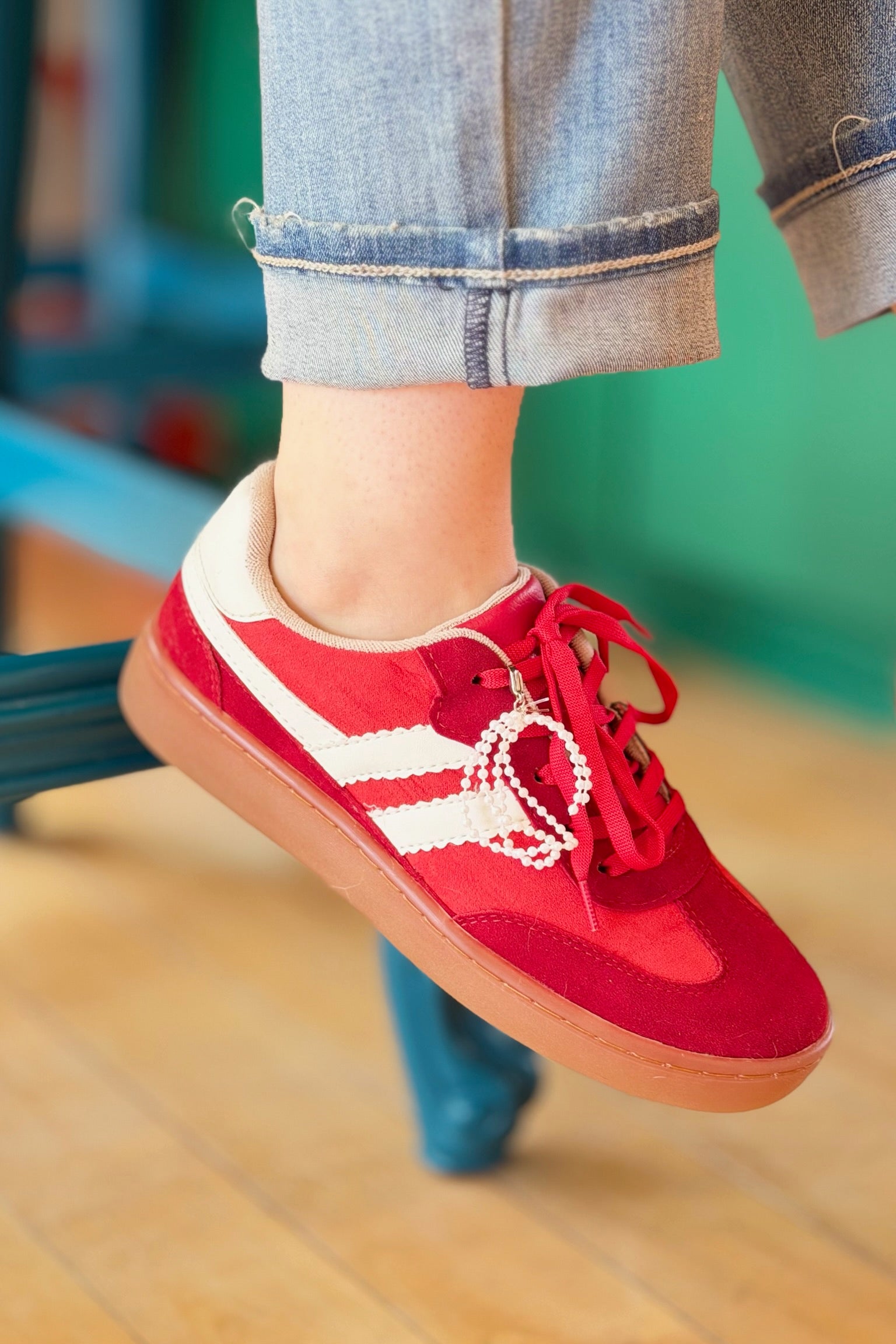 Suede Sneakers Retro Sole With Charm - Red