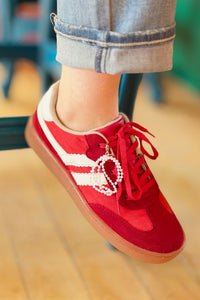 Suede Sneakers Retro Sole With Charm - Red
