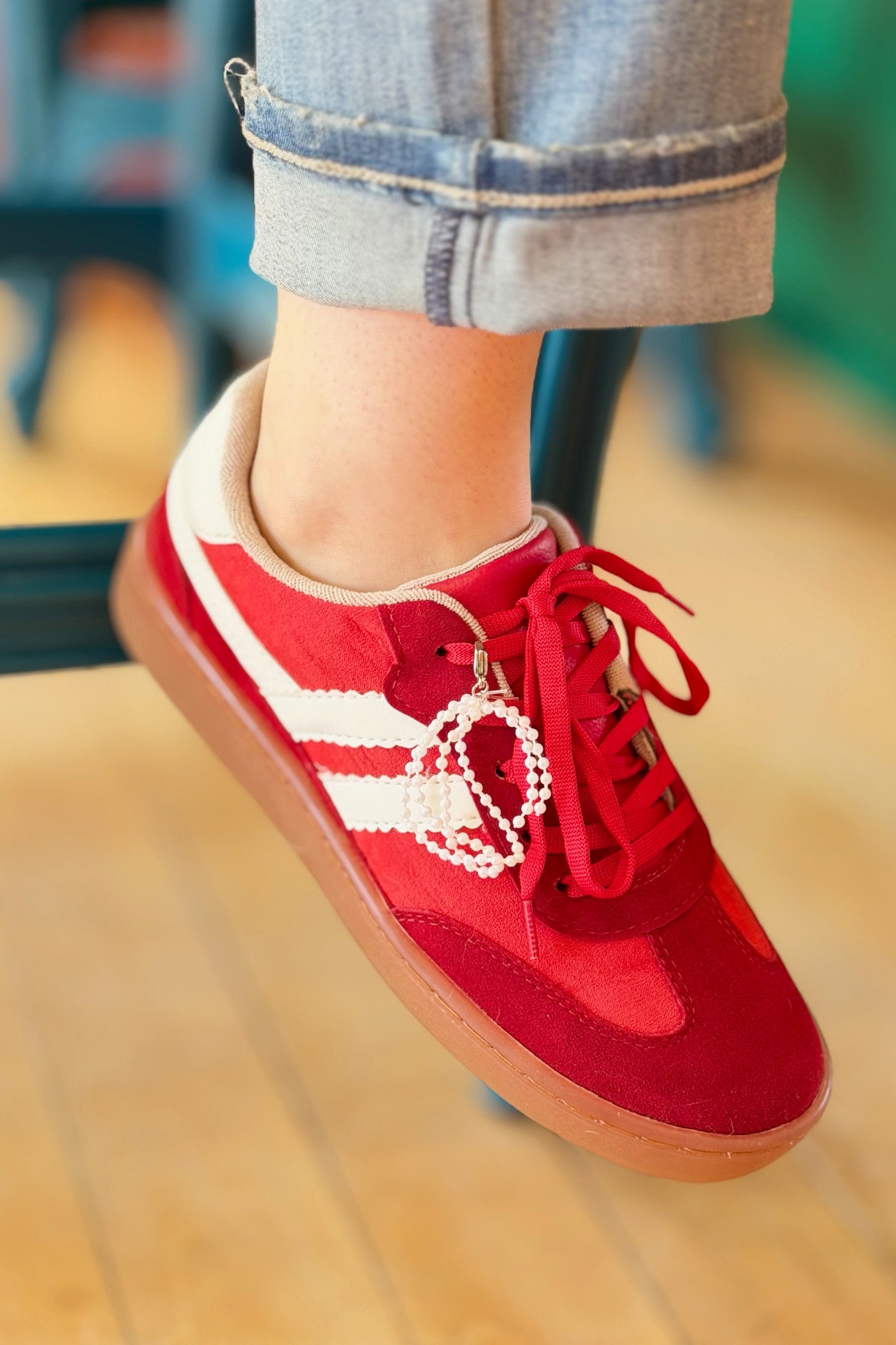 Suede Sneakers Retro Sole With Charm - Red