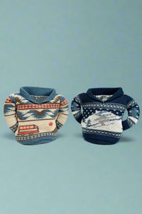 Image of two can cooler sweaters in two different patterns.