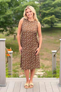 Polkadot Print Midi Dress - Brown