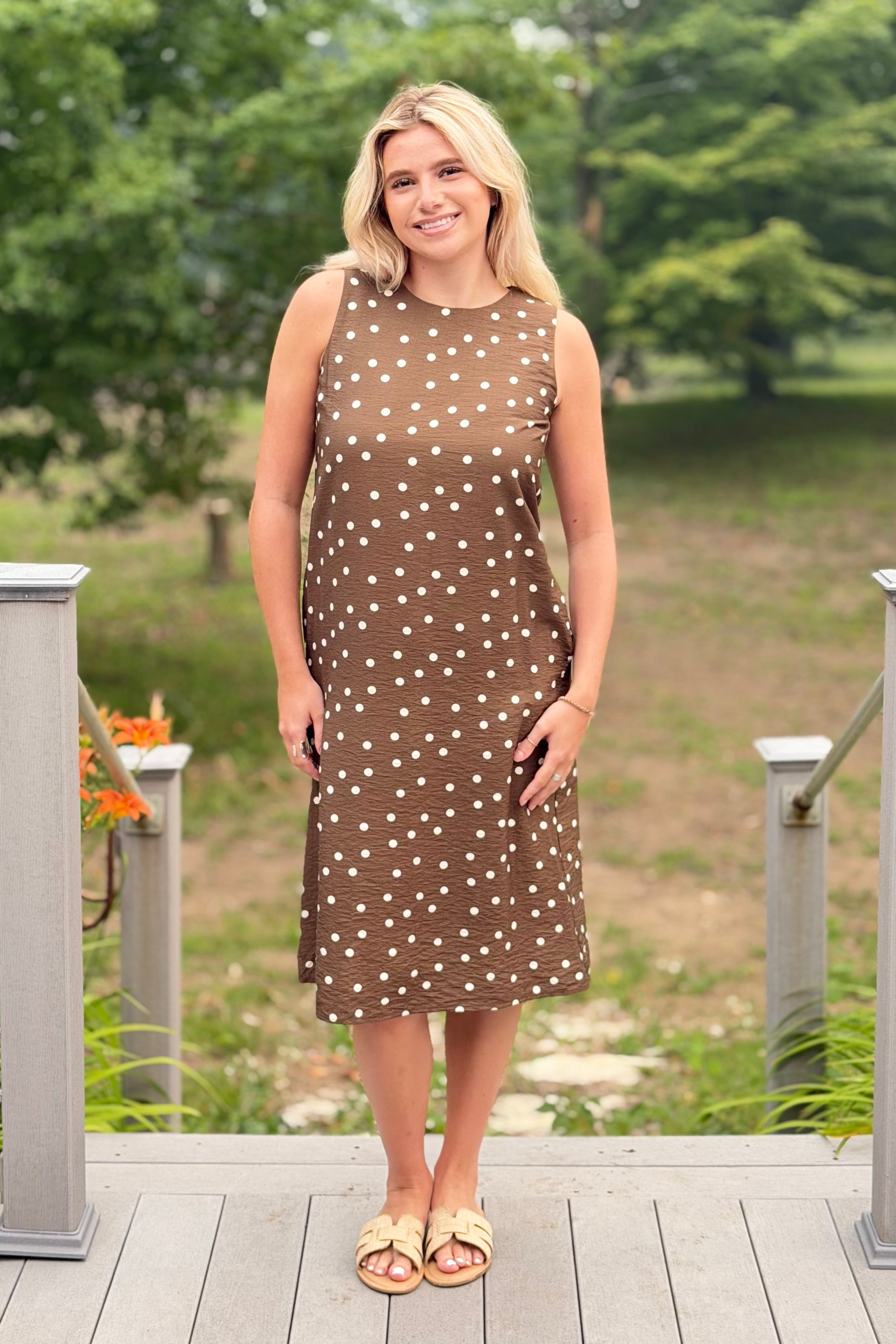 Polkadot Print Midi Dress - Brown