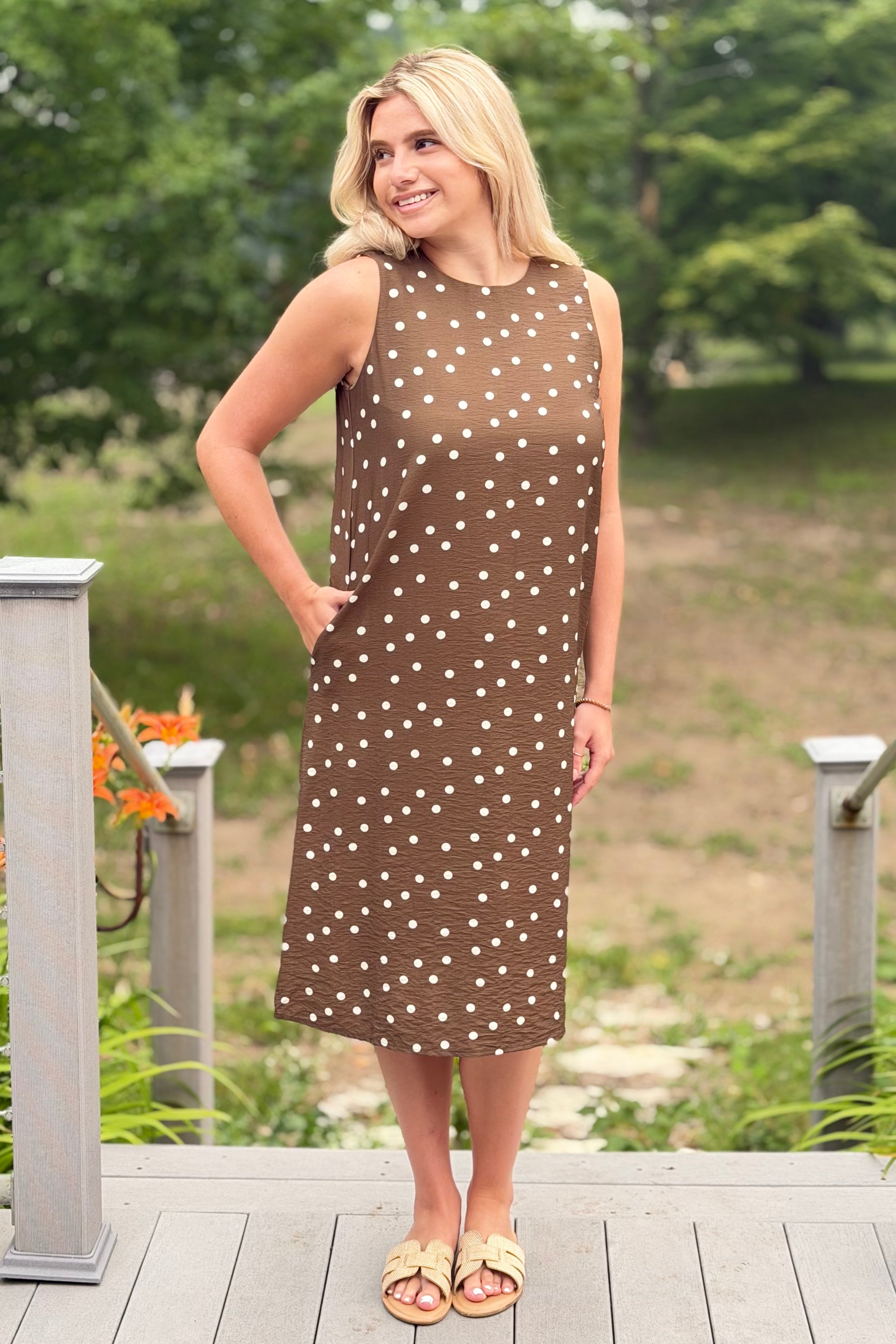 Polkadot Print Midi Dress - Brown