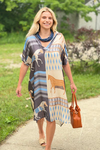 Silk Short Sleeves Dress With Horse Print