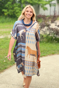 Silk Short Sleeves Dress With Horse Print