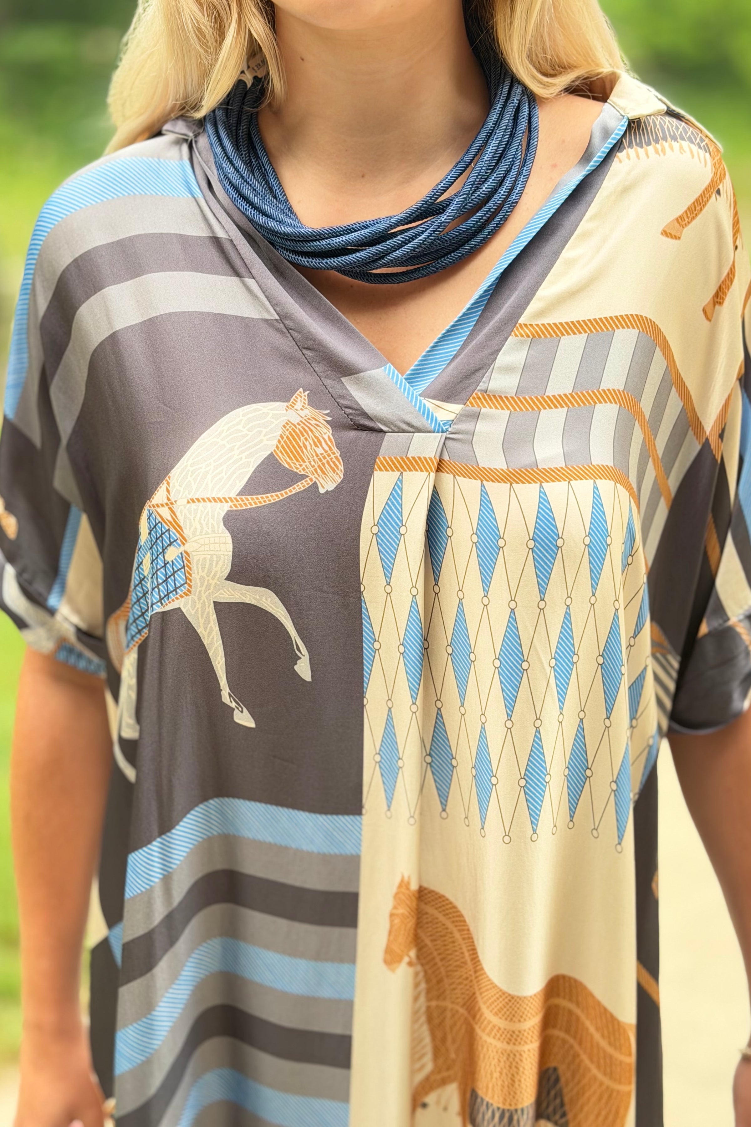 Silk Short Sleeves Dress With Horse Print