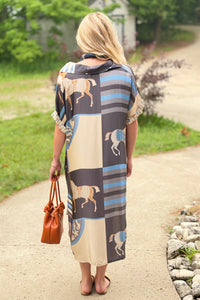 Silk Short Sleeves Dress With Horse Print