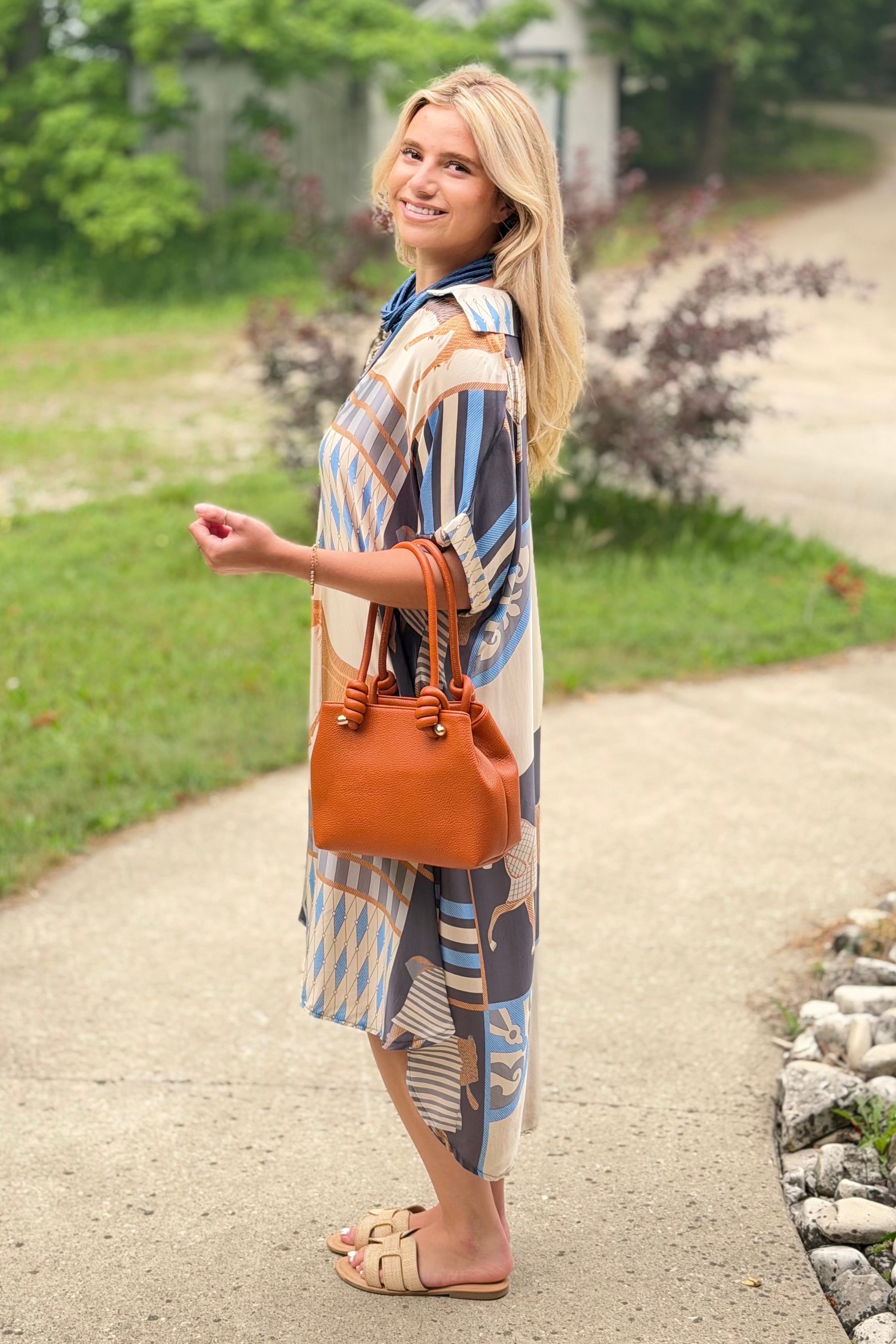 Silk Short Sleeves Dress With Horse Print
