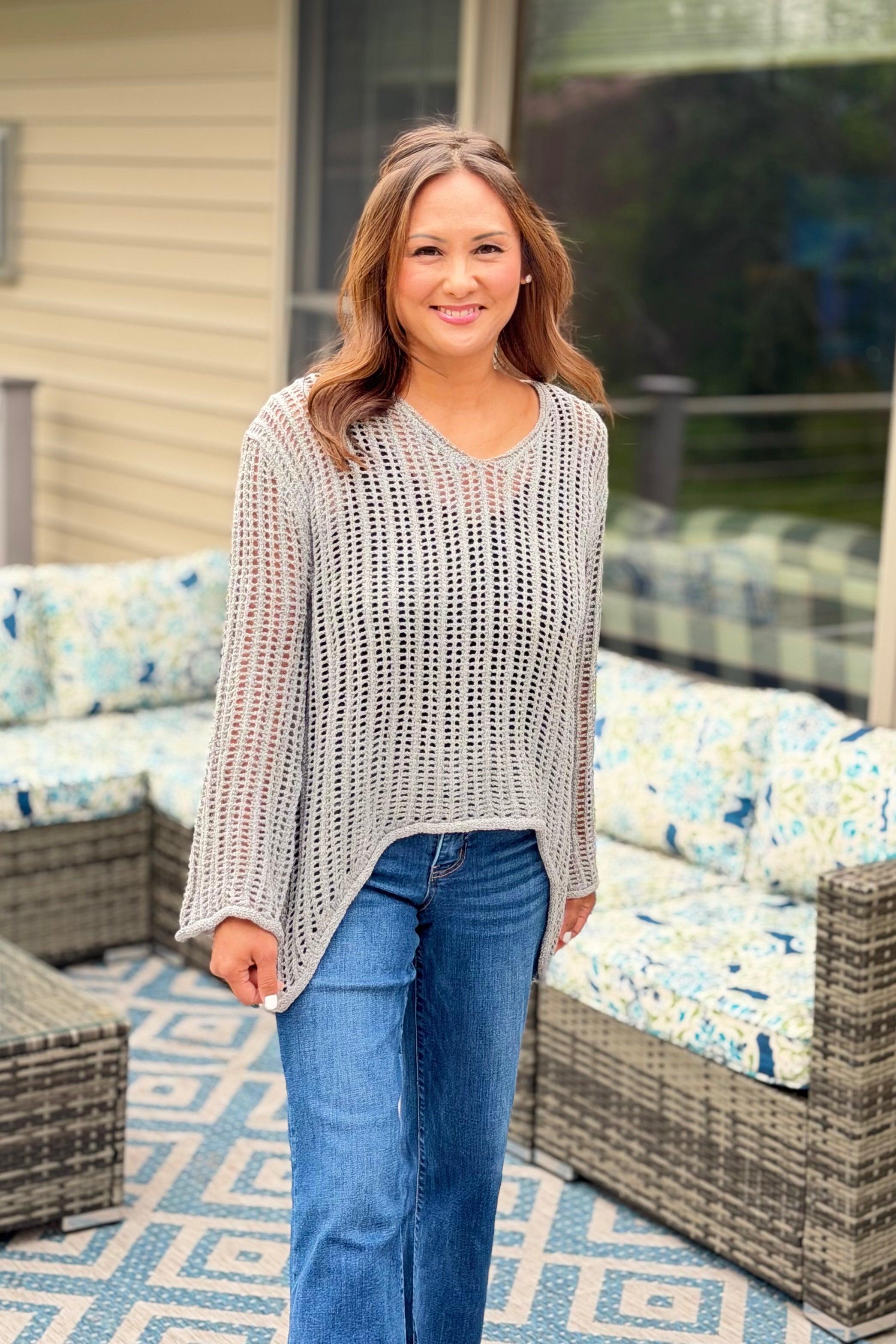 Open Knit Crochet Sweater - Grey