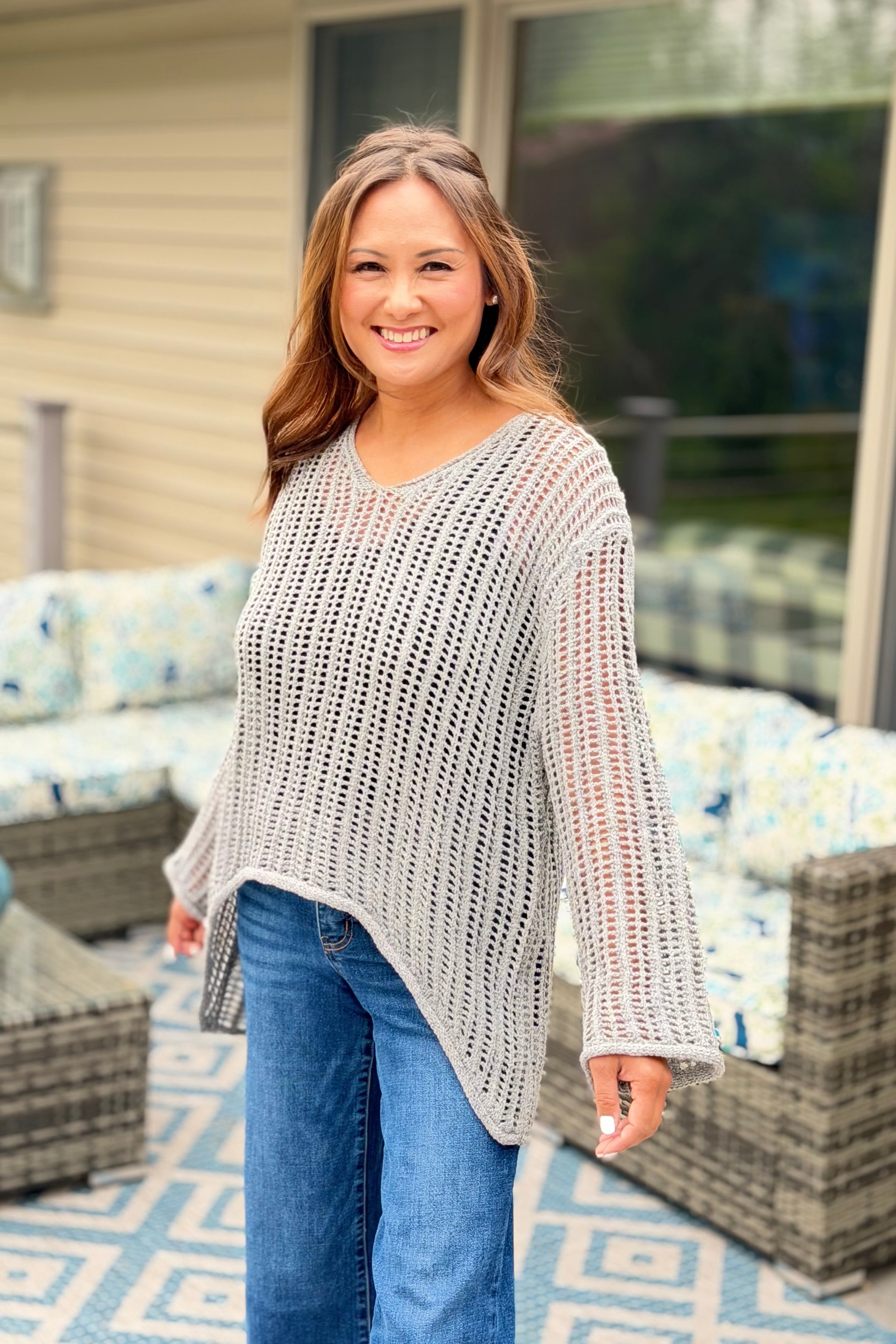 Open Knit Crochet Sweater - Grey