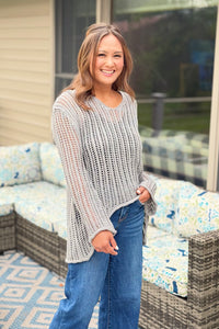 Open Knit Crochet Sweater - Grey