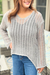 Open Knit Crochet Sweater - Grey