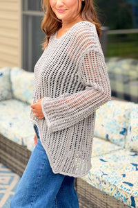 Open Knit Crochet Sweater - Grey