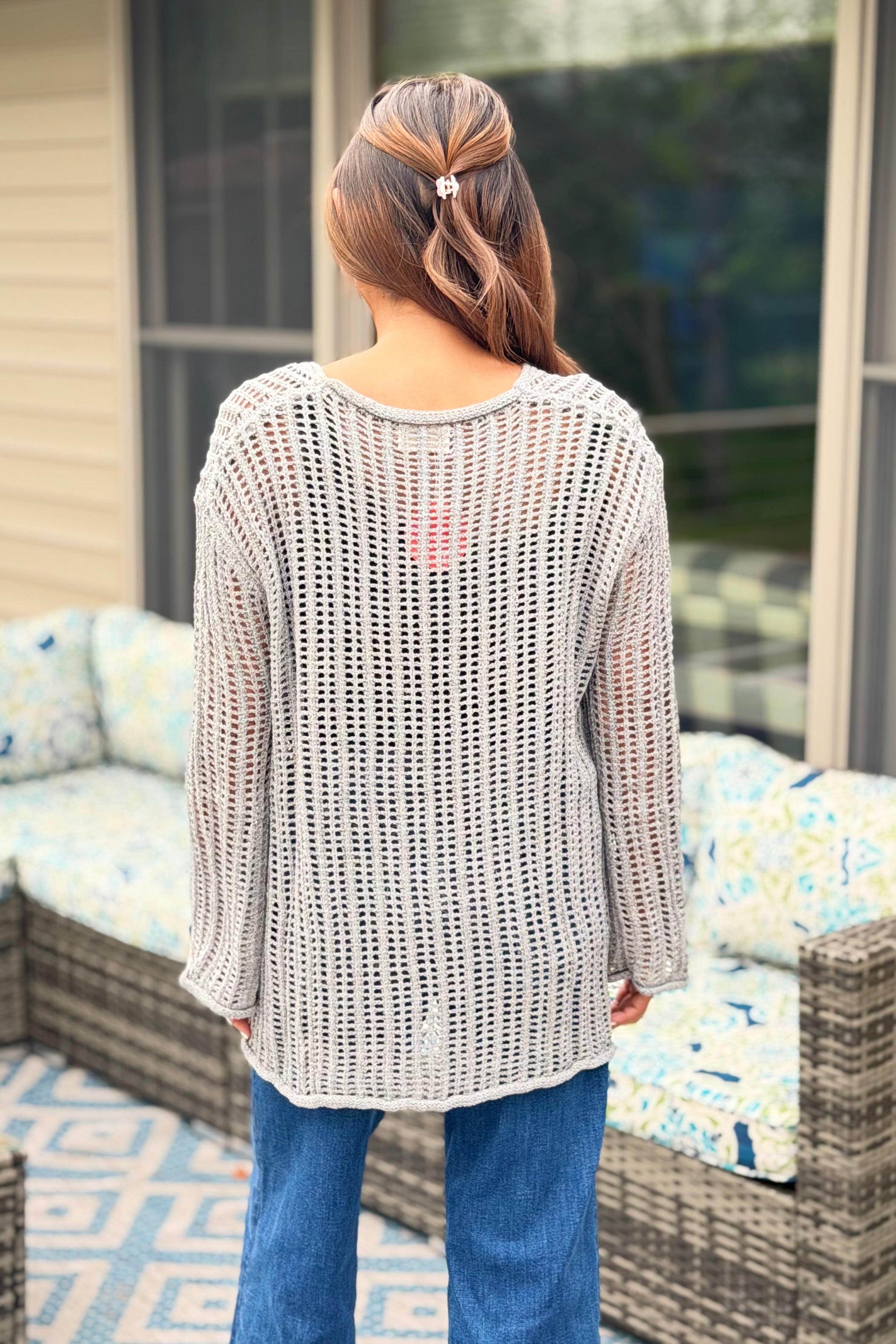 Open Knit Crochet Sweater - Grey