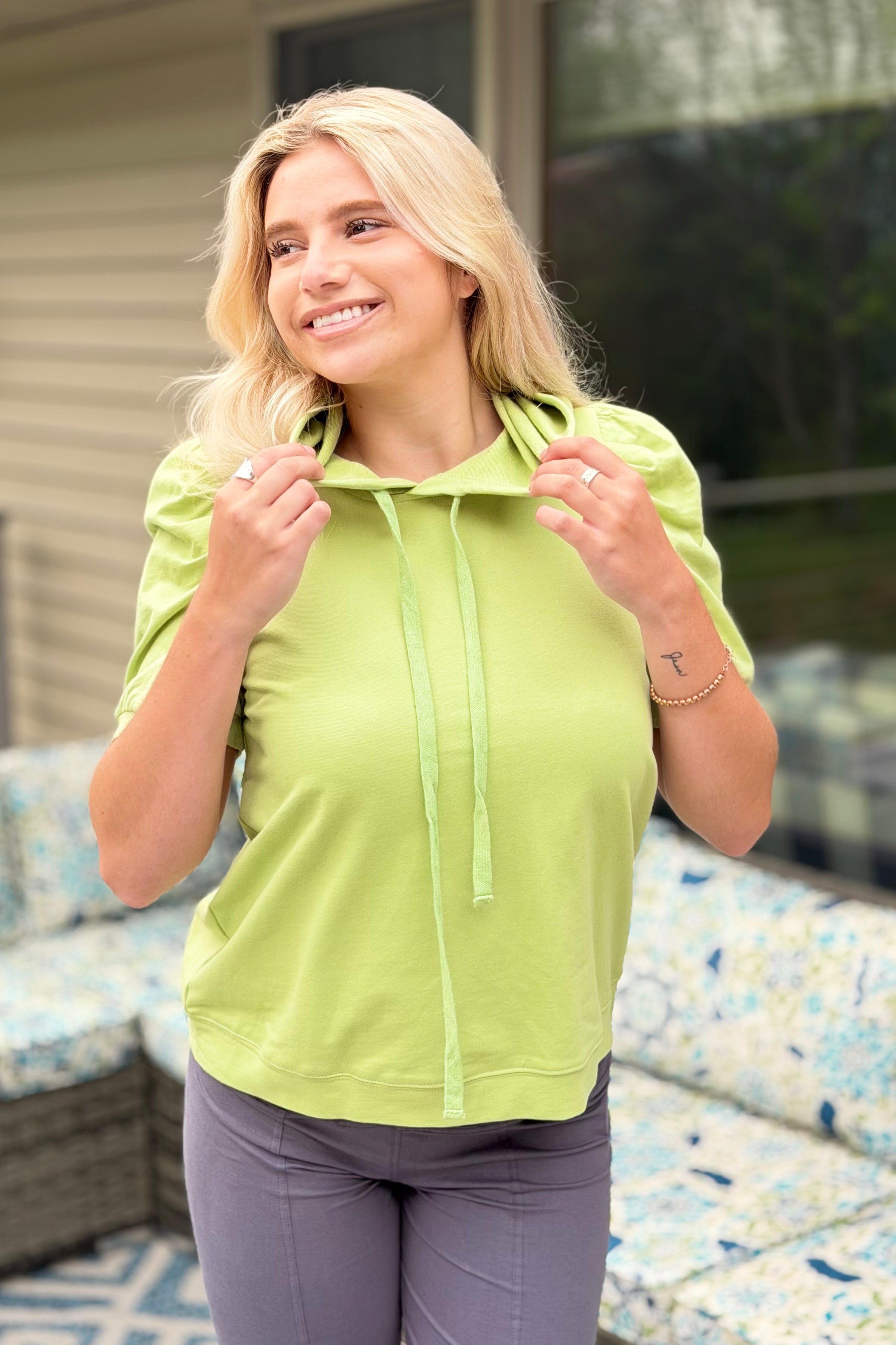 Puff Sleeve Hoodie Top - Mint