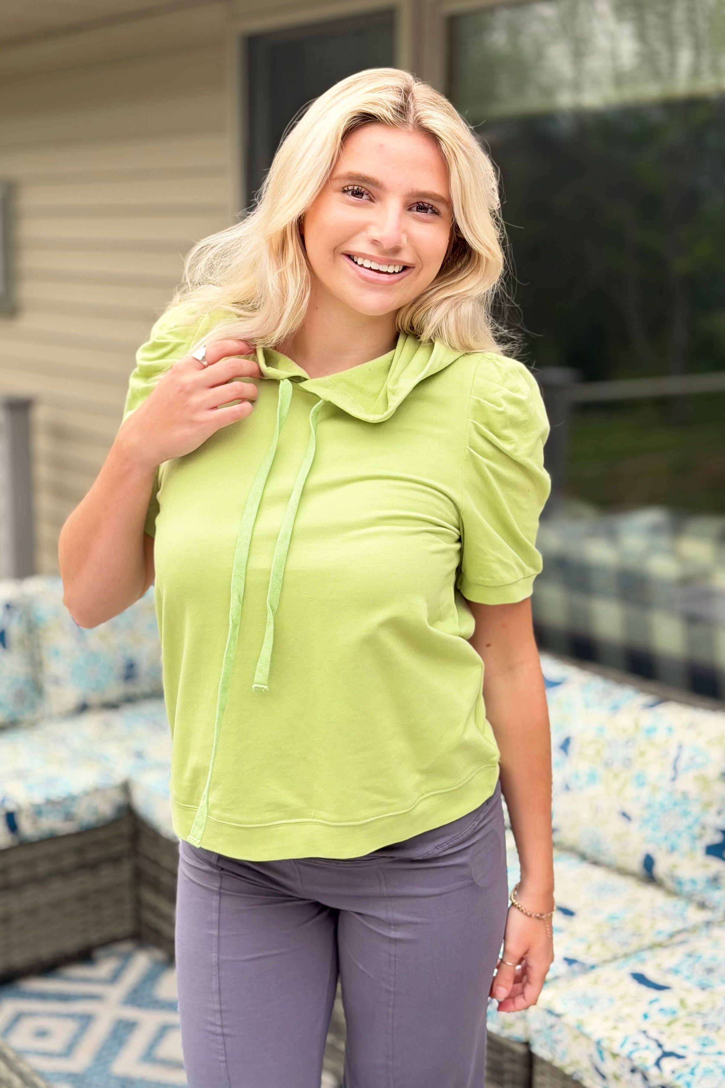 Puff Sleeve Hoodie Top - Mint