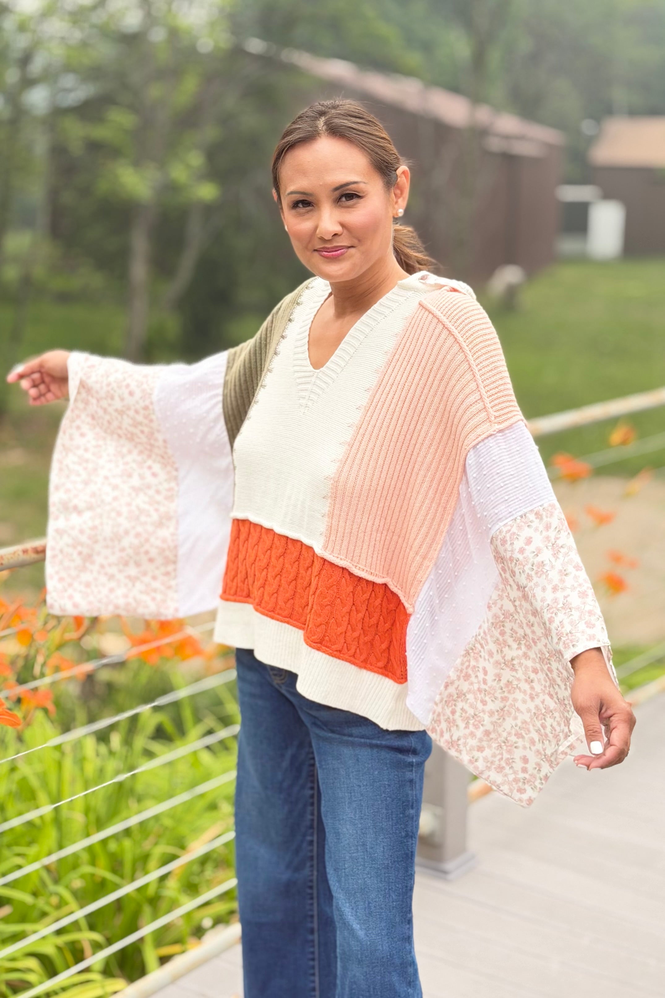 Color Block Crochet V Neck Hoodie