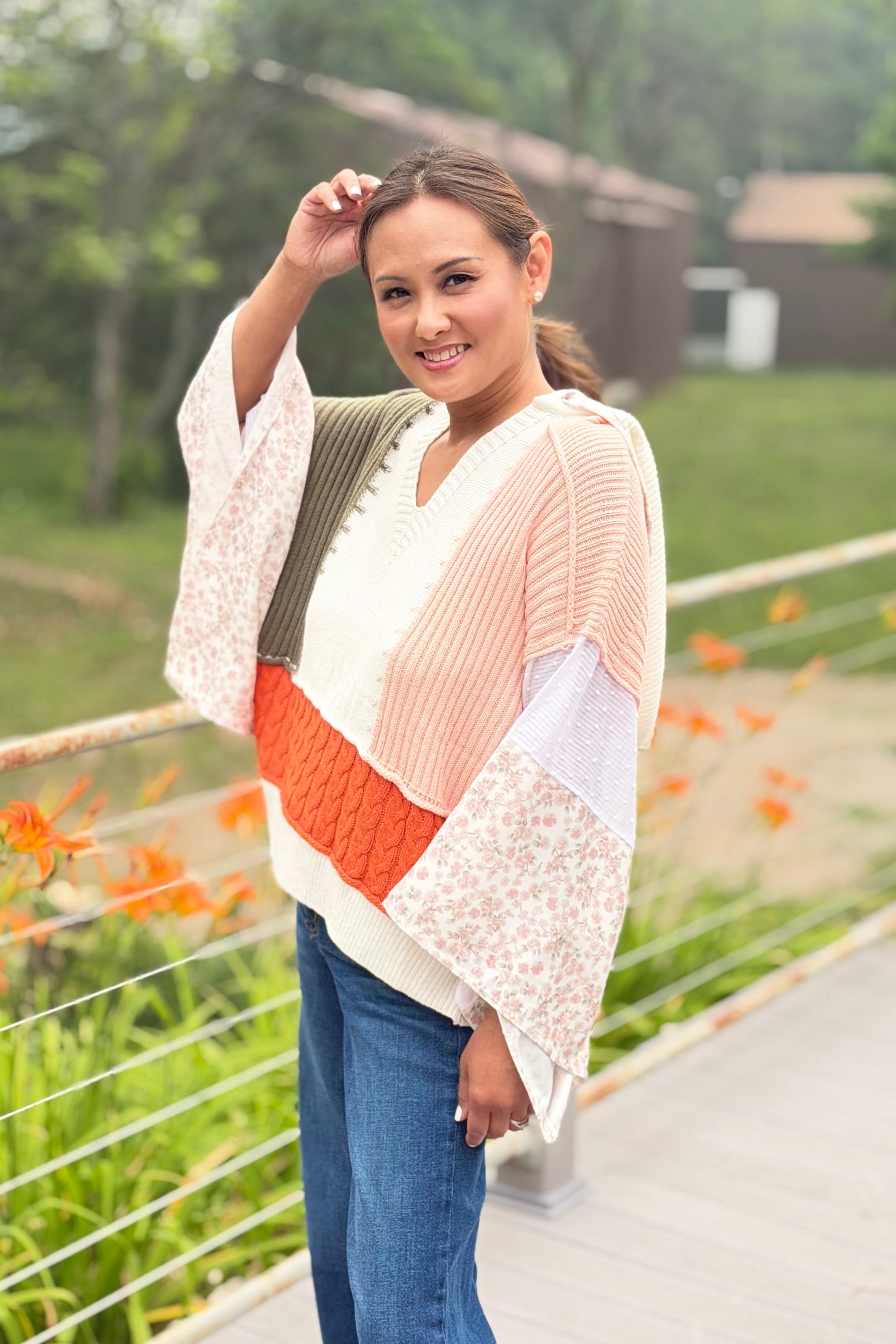 Color Block Crochet V Neck Hoodie