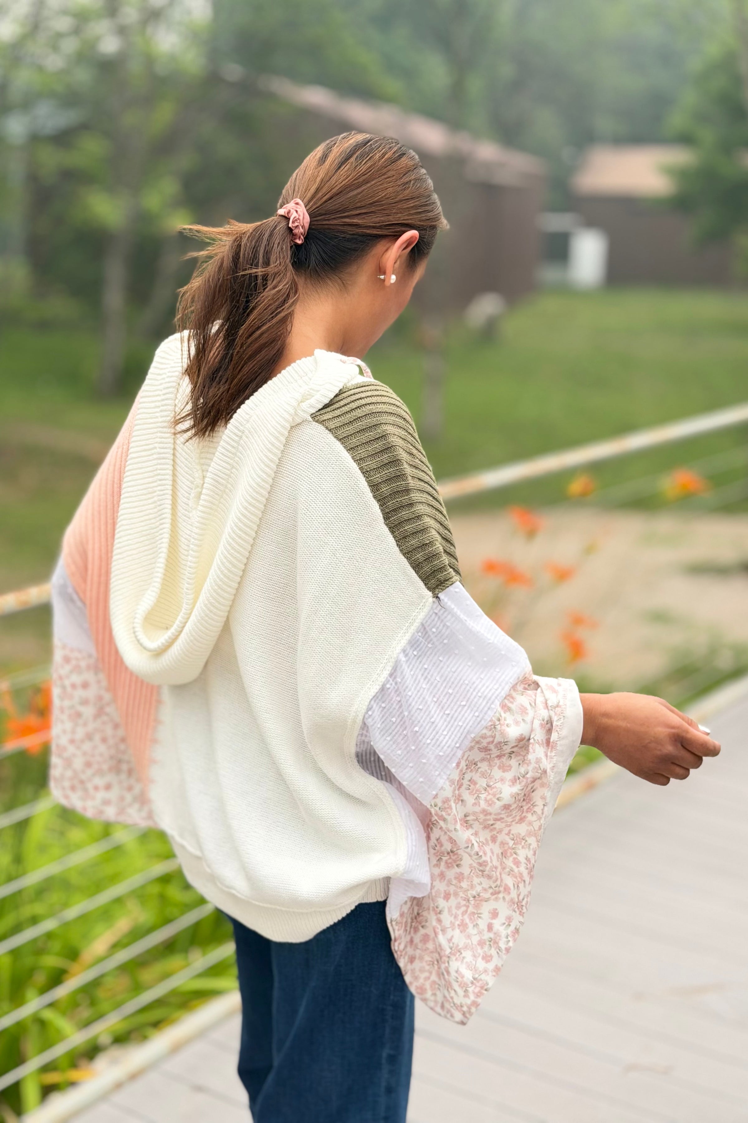 Color Block Crochet V Neck Hoodie