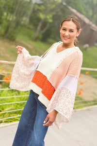 Color Block Crochet V Neck Hoodie