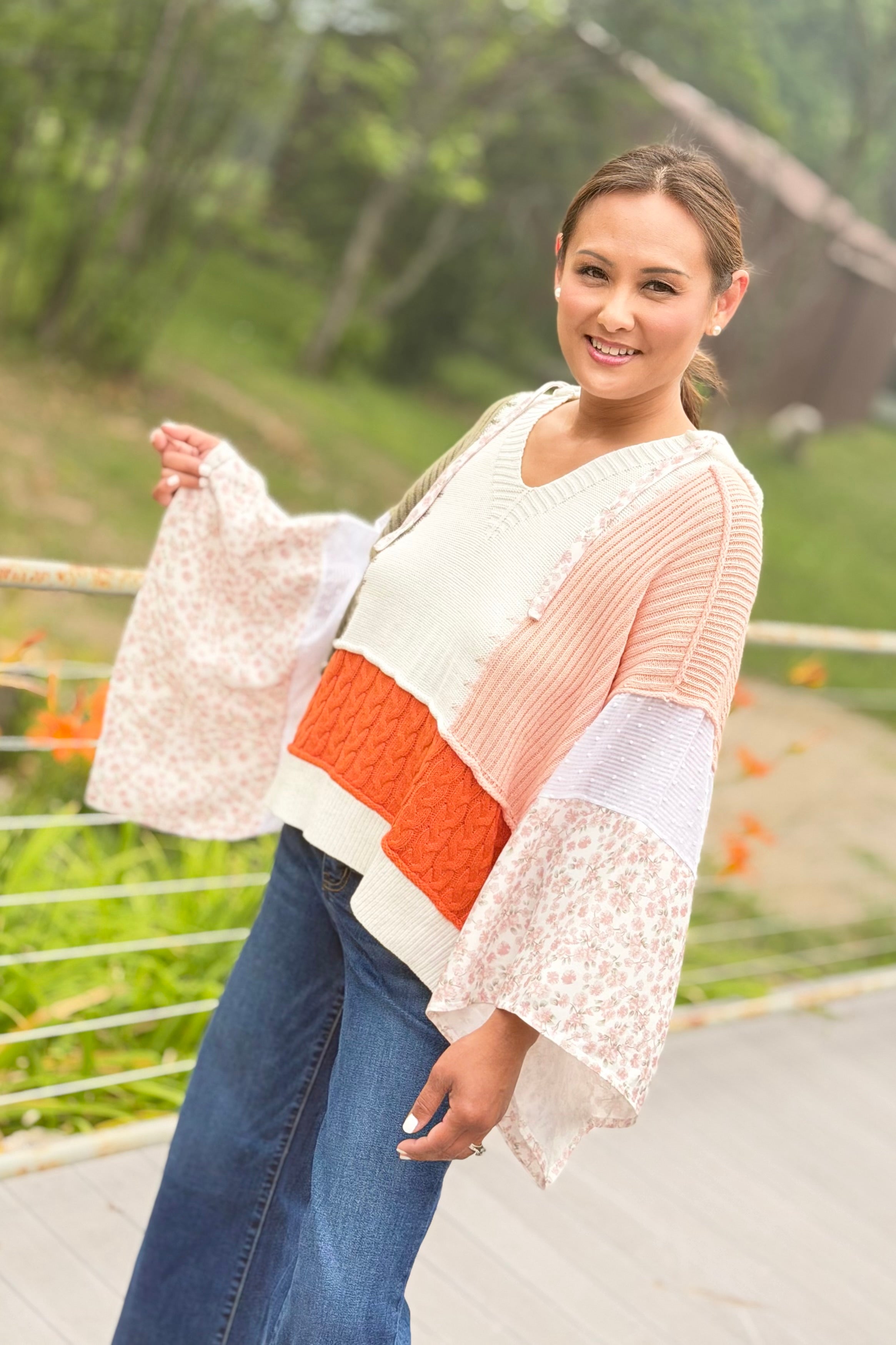 Color Block Crochet V Neck Hoodie