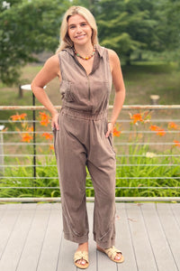 Washed Lace Trim Hoodie Jogger Jumpsuit