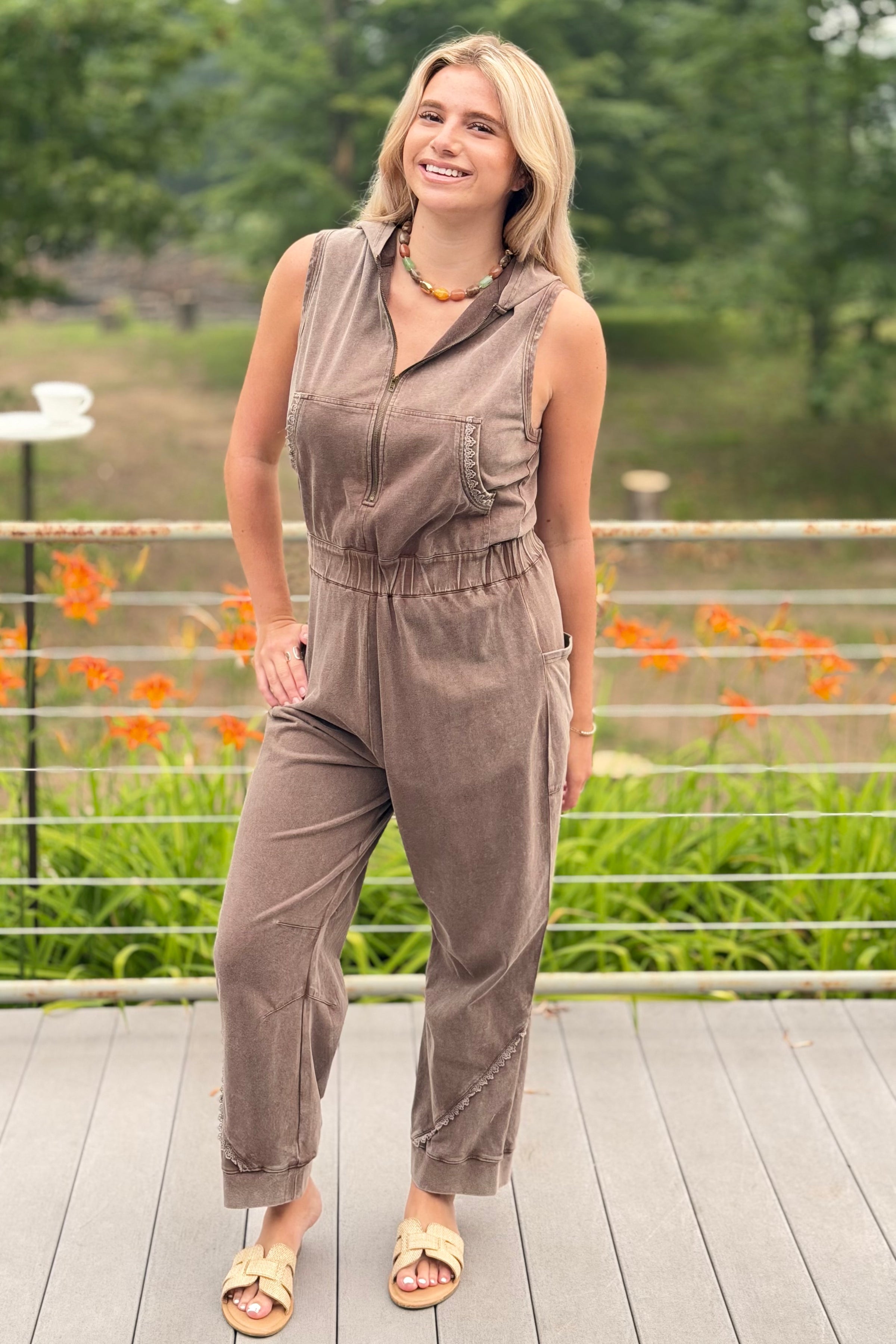 Washed Lace Trim Hoodie Jogger Jumpsuit
