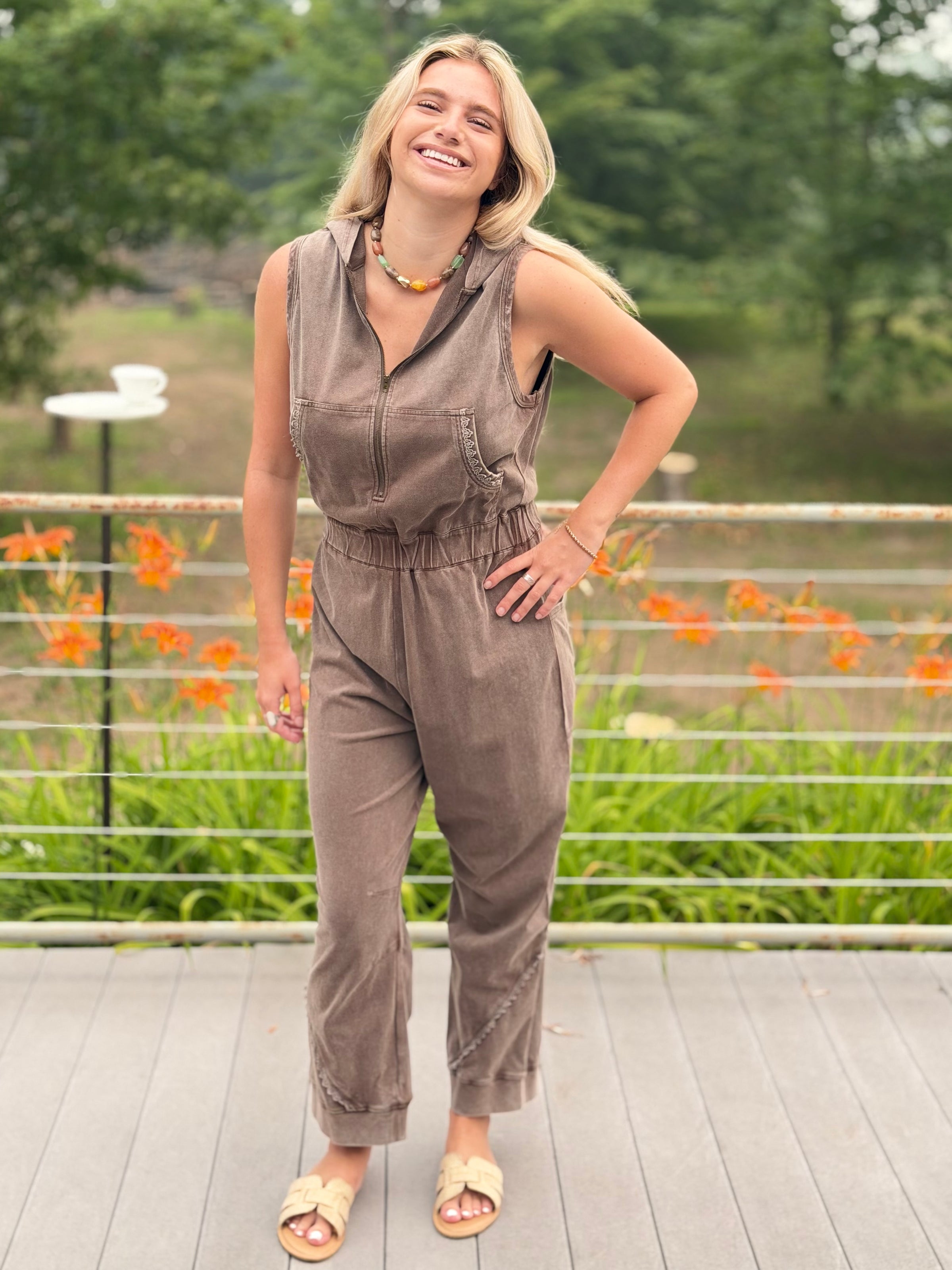 Washed Lace Trim Hoodie Jogger Jumpsuit