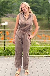 Washed Lace Trim Hoodie Jogger Jumpsuit