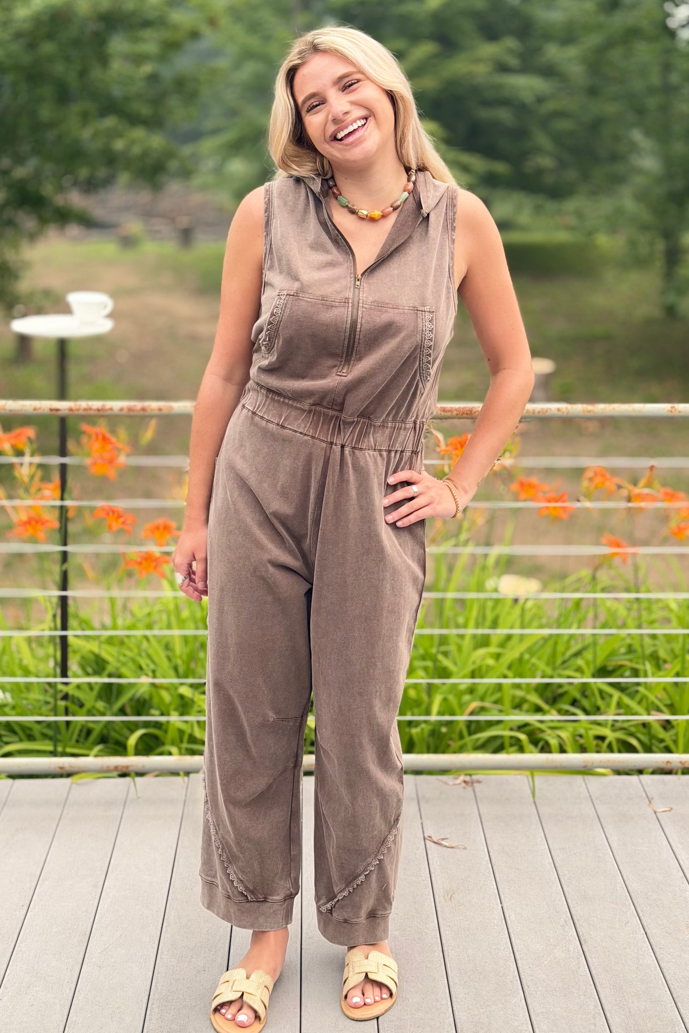 Washed Lace Trim Hoodie Jogger Jumpsuit