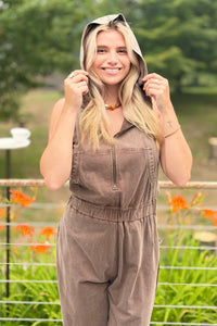 Washed Lace Trim Hoodie Jogger Jumpsuit