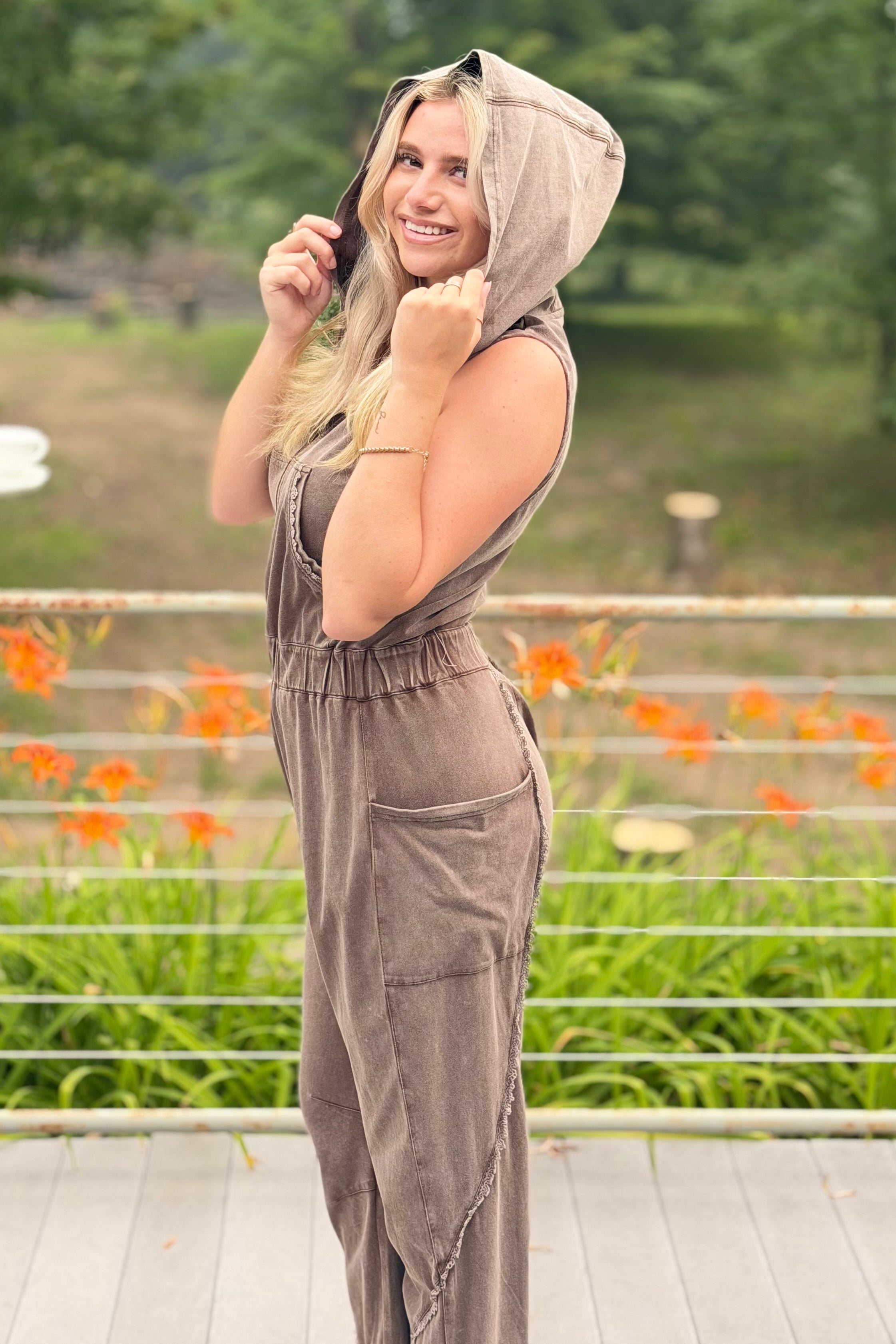 Washed Lace Trim Hoodie Jogger Jumpsuit