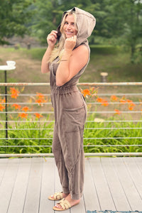 Washed Lace Trim Hoodie Jogger Jumpsuit