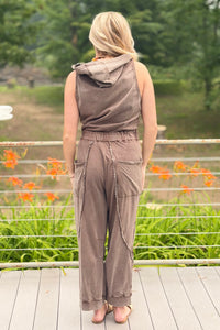 Washed Lace Trim Hoodie Jogger Jumpsuit