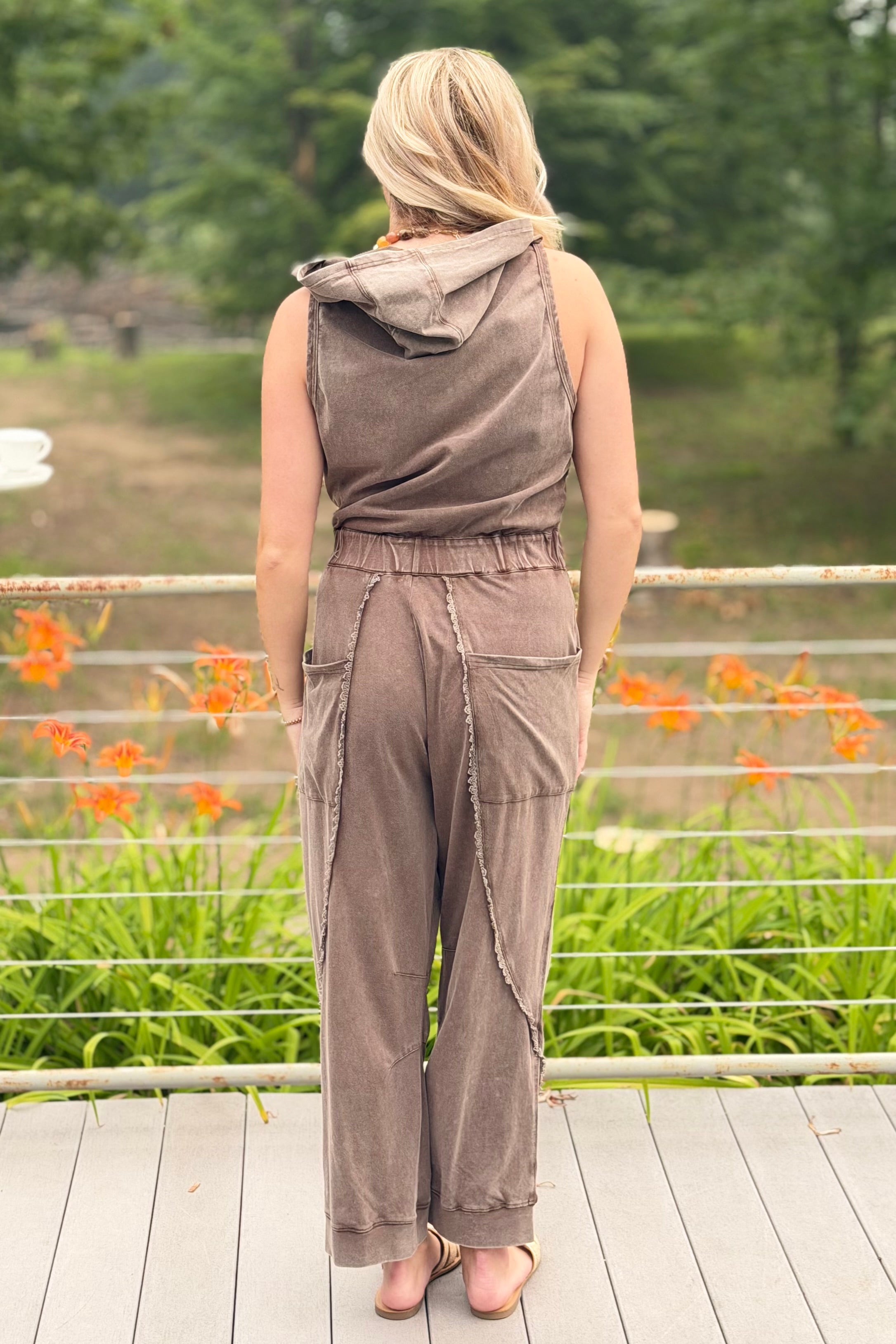 Washed Lace Trim Hoodie Jogger Jumpsuit