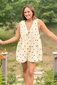 Pleated V-Neck Romper - Blue Polka Dot