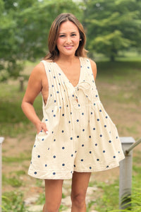 Pleated V-Neck Romper - Blue Polka Dot