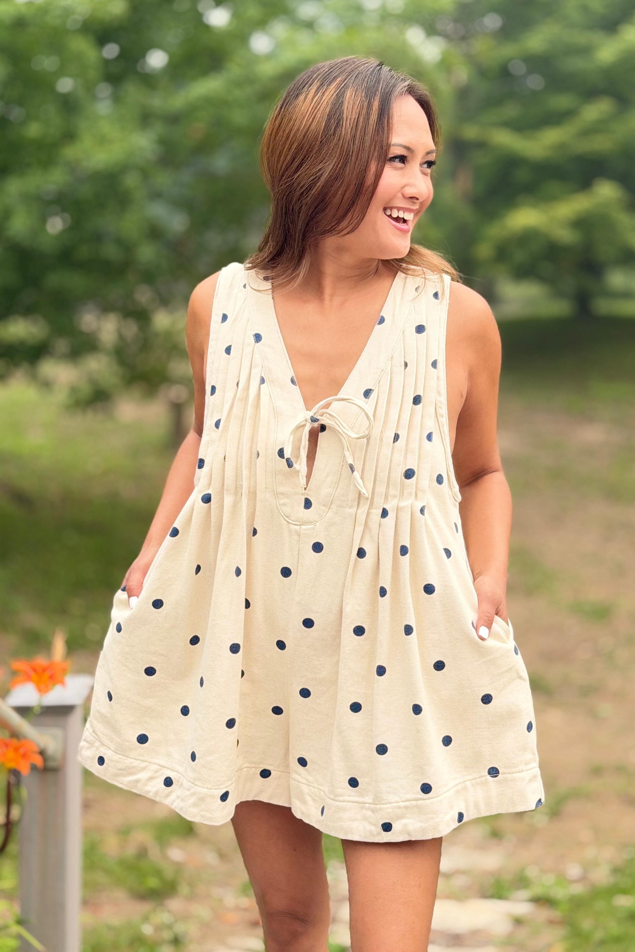 Pleated V-Neck Romper - Blue Polka Dot