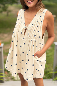 Pleated V-Neck Romper - Blue Polka Dot