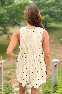 Pleated V-Neck Romper - Blue Polka Dot