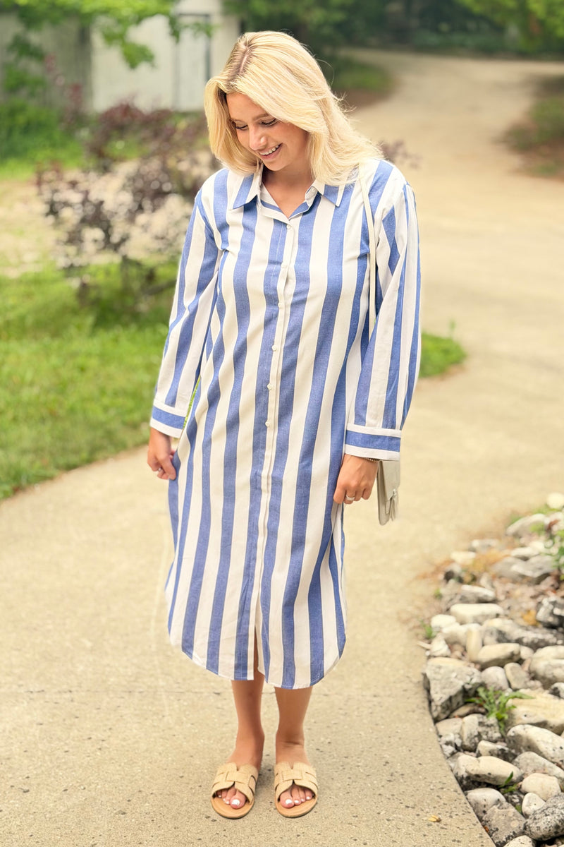 Jordy Striped Shirt Midi Dress Long Sleeve Button Up Lined Side Slit – Spot