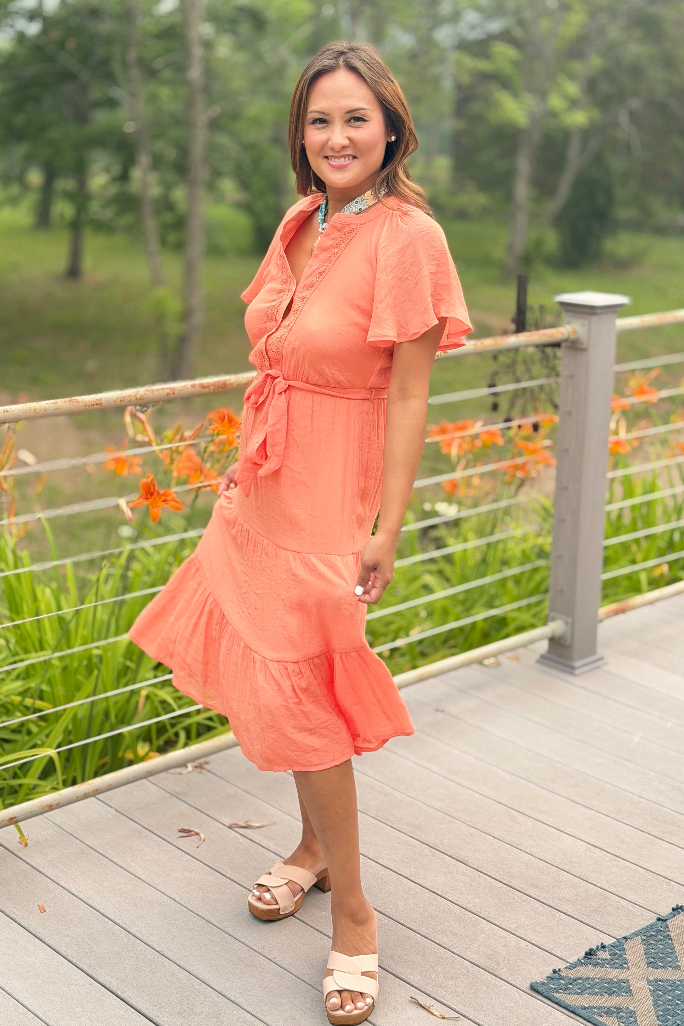 Papaya Gauze Midi Dress - Orange