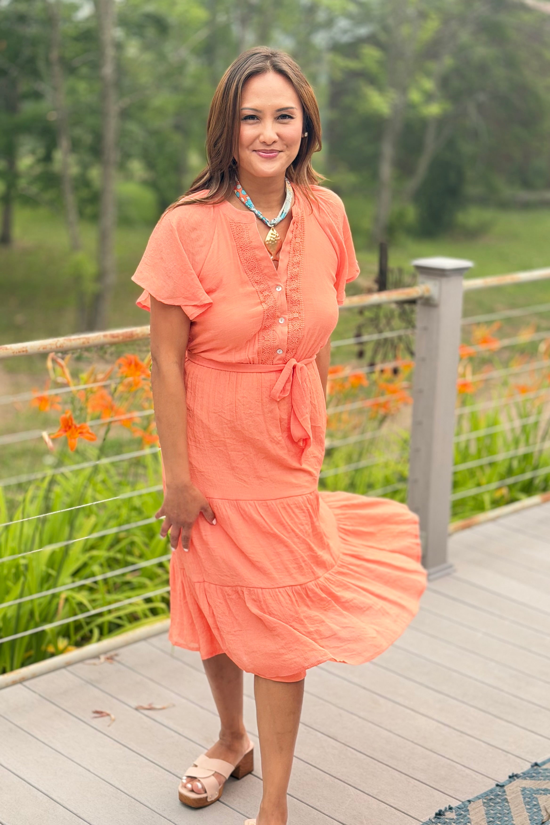 Papaya Gauze Midi Dress - Orange