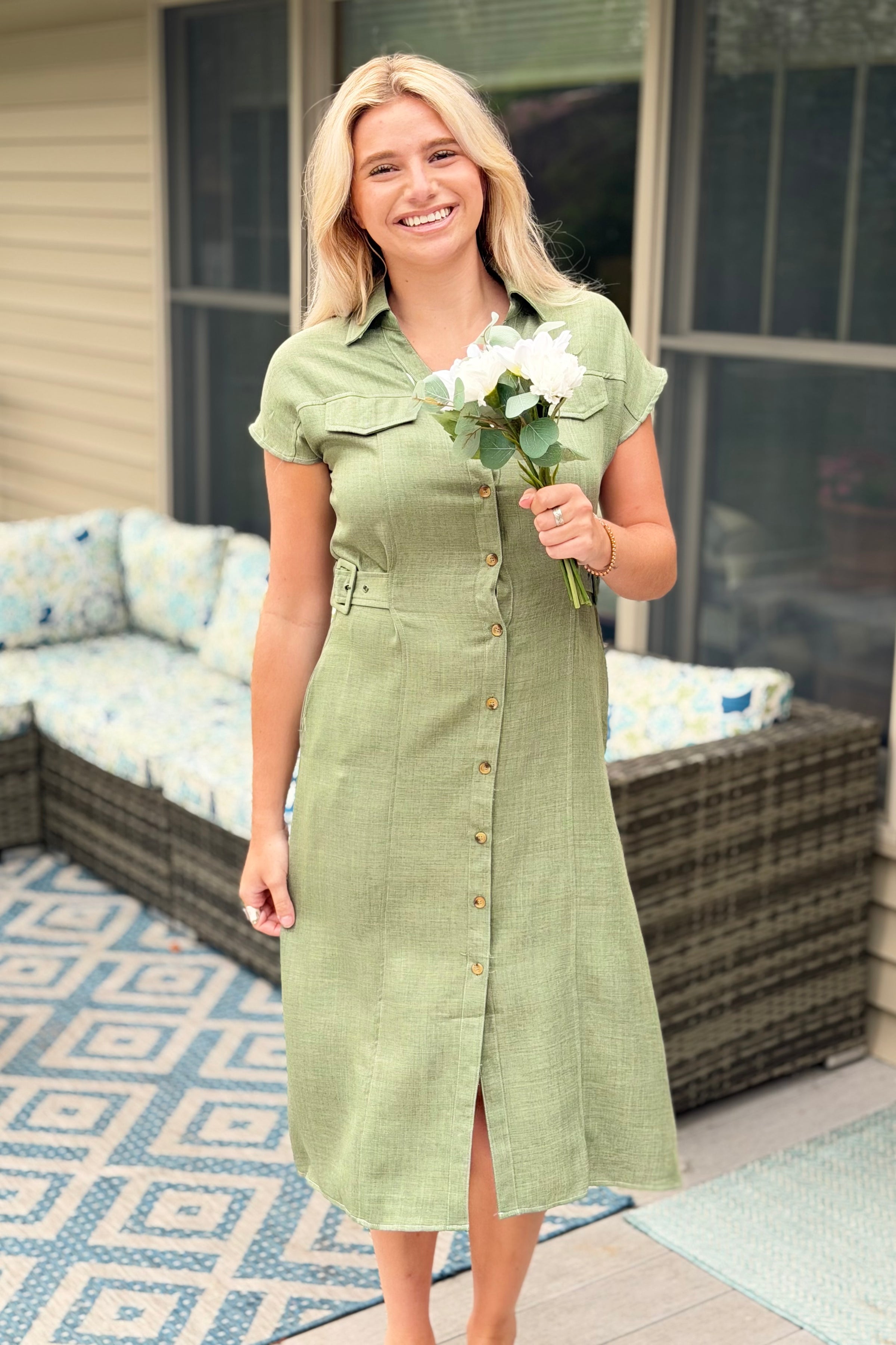 Collared Button Down Midi Dress - Olive
