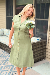 Collared Button Down Midi Dress - Olive