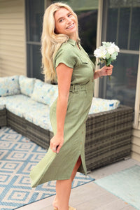 Collared Button Down Midi Dress - Olive