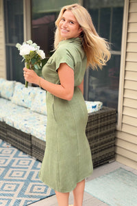 Collared Button Down Midi Dress - Olive